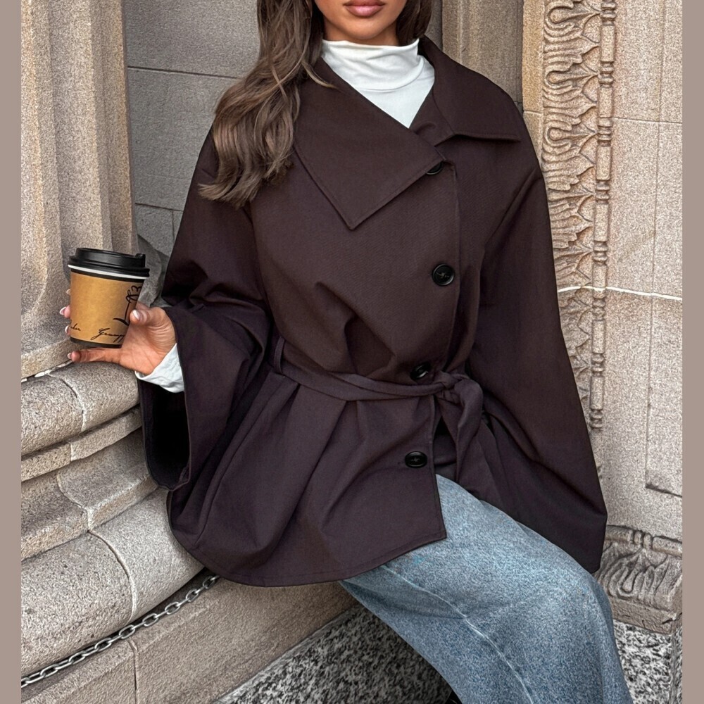 Dark Brown Oversized Belted Trench Coat with Lapel Collar